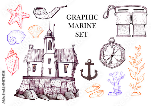  A hand-drawn graphic nautical set. The set includes a lighthouse, a compass, a smoking pipe, and other elements.