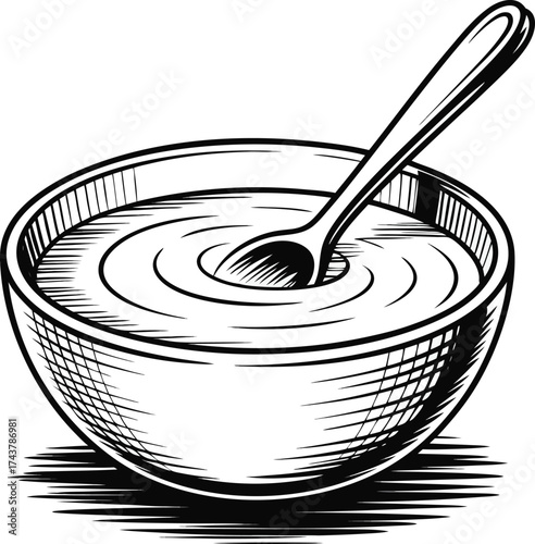 Hand drawn sketch of a bowl of creamy soup with a spoon inside