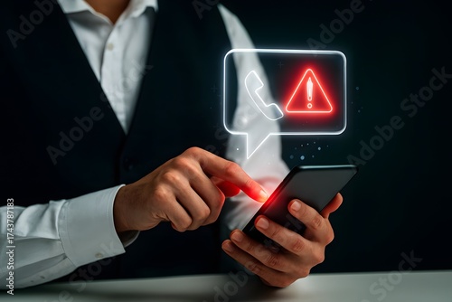 System hacked warning alert, Man using smartphone with Fraud call center or cyber attack network. Cyber security and cybercrime. Compromised information internet