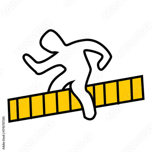 Minimal flat vector illustration of crime scene outline with caution barrier, police investigation symbol, safety warning sign, forensic area alert design isolated on white background