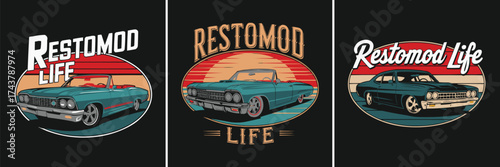 Restomod Life classic muscle car illustration with sunset retro background for custom automotive t shirt design