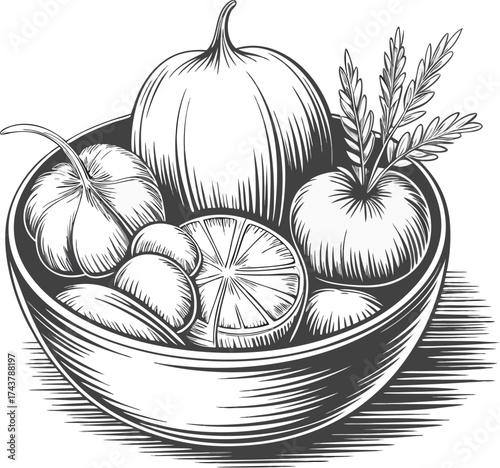 Hand drawn sketch of a harvest bounty of fruits and vegetables in a bowl