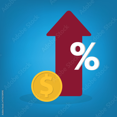 Increased income or revenue, capital gain, increased sales turnover, dollar and arrow with percentage sign	