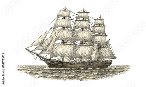 Vintage sailing ship with sails set in detailed engraved style on open sea