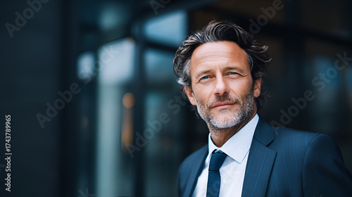 Man in suit graying hair light eyes against modern buildings blurred glass facade