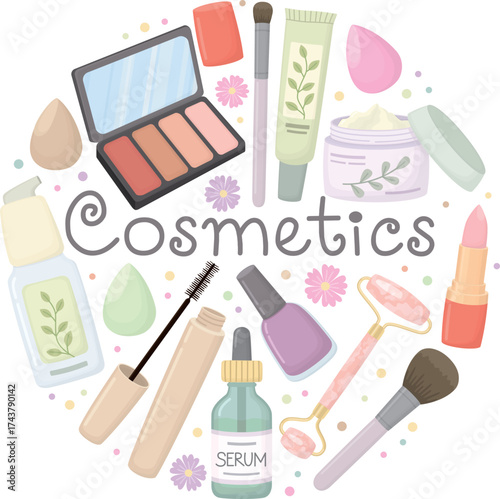 Set of cosmetic products in circle form and with the inscription. Round banner with serum, lipstick, sponge, cream, massage roller, brush, mascara etc.	
