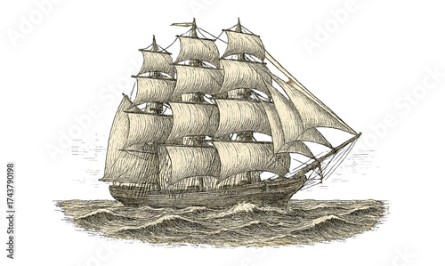 Vintage sailing ship with full sails on ocean waves in engraving style
