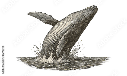 Majestic whale breaching the ocean surface in detailed engraved style