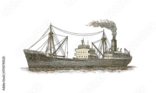 Vintage steamship with smoke on white background in detailed drawing style