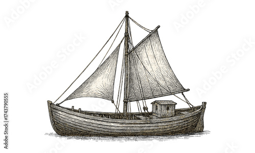 Vintage sailing boat with detailed sketch lines on white background