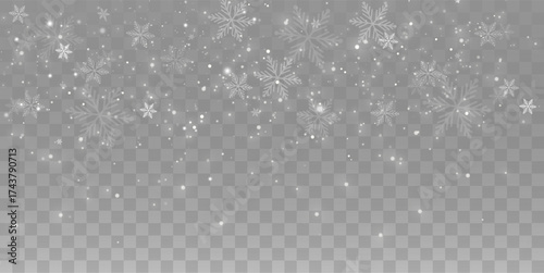 Snowfall background, white snowflakes vector, winter cold weather design. Many falling snow flake elements on transparent background, frosty air texture, frozen crystal particles overlay.