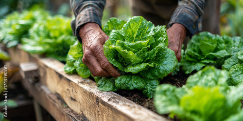 Harvesting leafy greens like lettuce brings joy and satisfaction. Hands gently pick fresh, vibrant leaves from garden bed