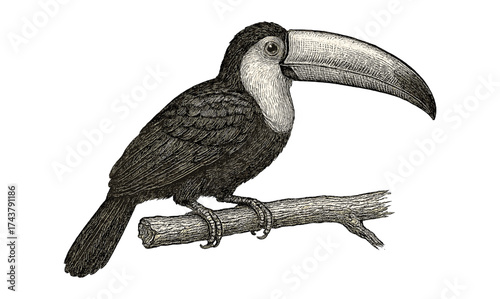 Detailed engraving of toucan on branch with intricate linework