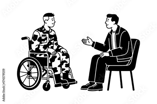Injured veteran in wheelchair talking with counselor, black and white graphic style, white background. Concept of support and rehabilitation