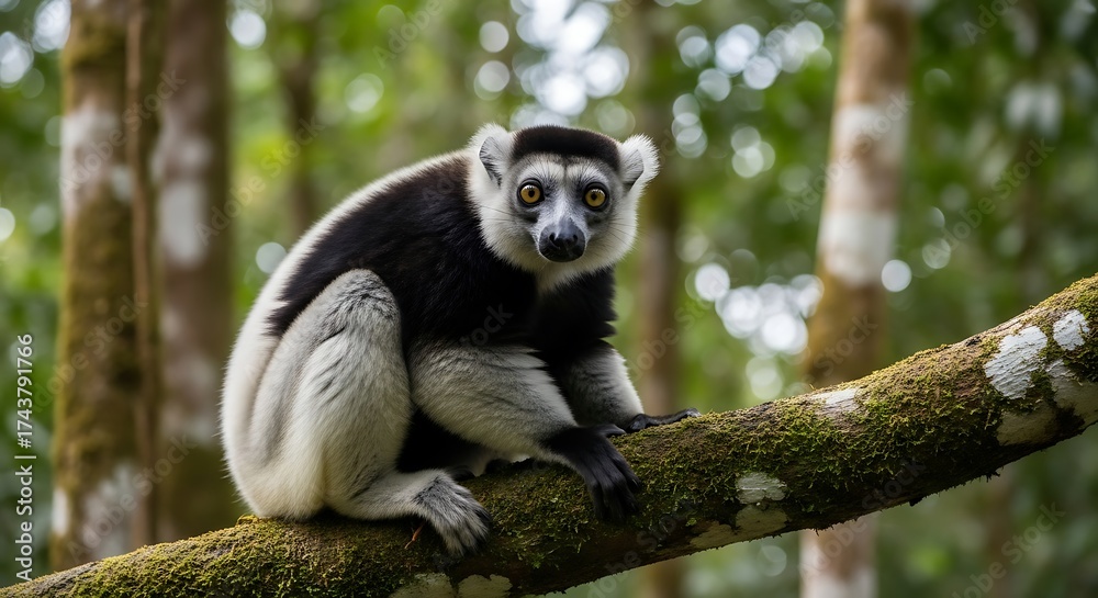 Fototapeta premium Black and White Lemur on Branch.