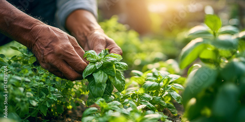 Hands picking fresh basil from garden, showcasing vibrant green leaves and sunlight