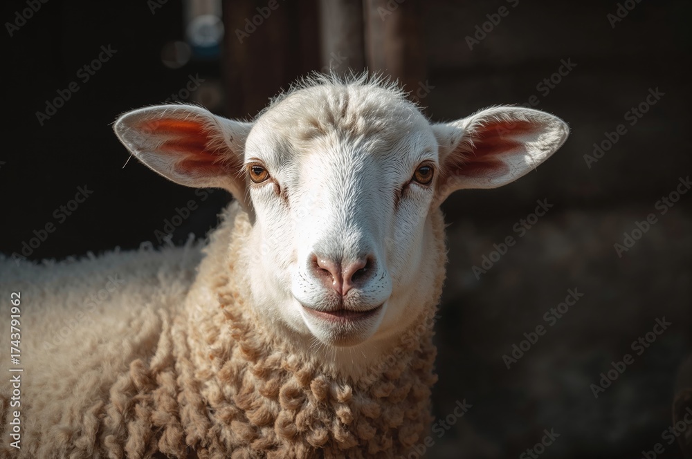 Fototapeta premium Close-up of a white animal in a rural setting, isolated against a natural backdrop, featuring a humorous farm creature