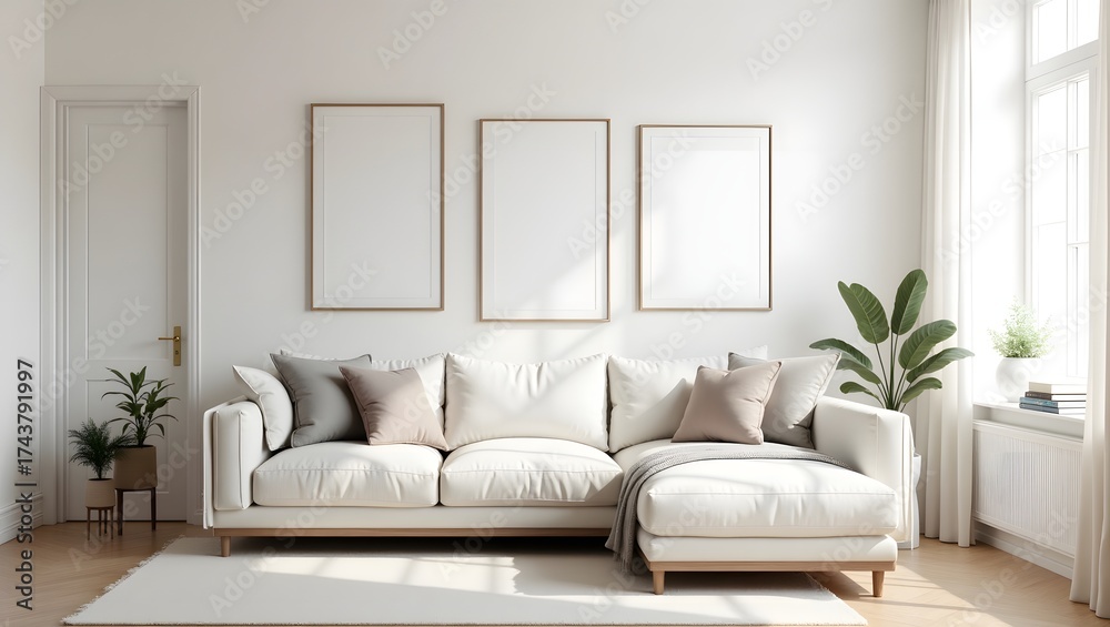 Fototapeta premium an interior design of a modern living room with a neutral color palette. A cozy sofa is positioned beneath three framed artworks, enhanced by plants and sunlight