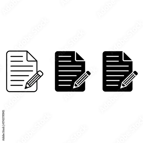 Minimalist document icons set three variations sheet paper pencil writing editing create compose