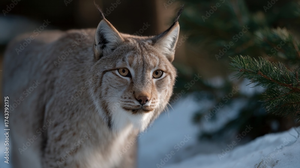 Fototapeta premium Silent lynx prowls through whispering snowdrifts, echoing Winter Solstice mysteries, embodying nature's enigma and Nordic folklore's silent guardian