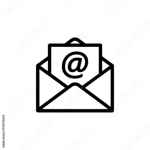 Simple line art icon of an open envelope with an email symbol inside minimalist design