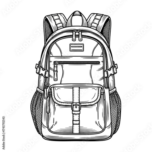 Backpack Illustration – Detailed Black and White Vector Drawing of Travel and School Bag with Front Pocket and Straps