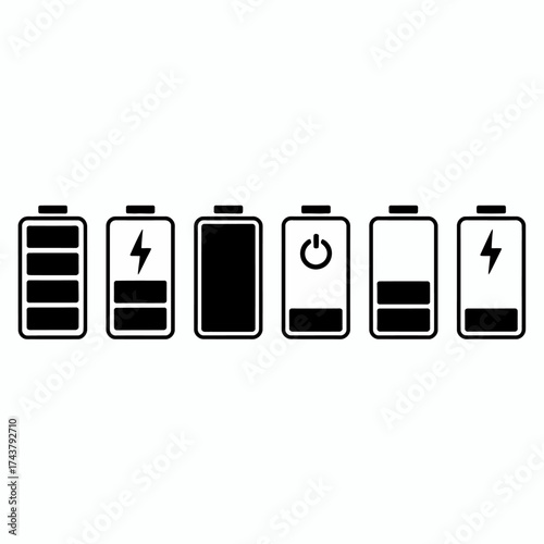 Minimalist battery icons representing power levels and charging status for devices