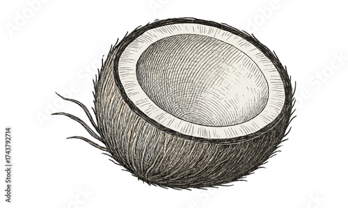 Hand-drawn half coconut sketch with detailed textures and vintage style