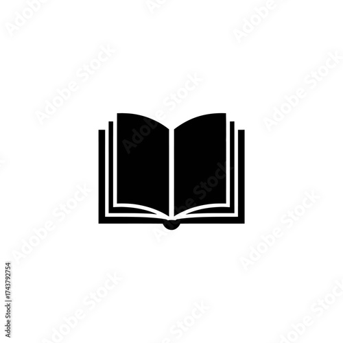 Simple black and white icon of an open book symbol for knowledge and learning