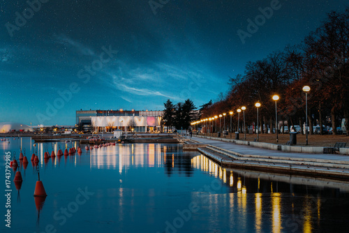 Helsinki, Finland. Night View Of City Park Meripuisto. Street Promenade At Night. Night stars sky