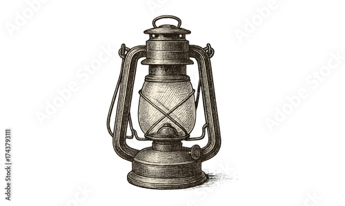 Vintage kerosene lantern in detailed grayscale drawing for retro design