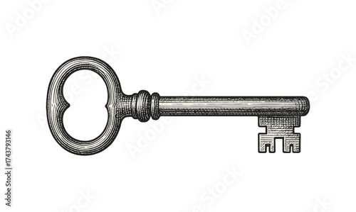 Detailed antique key engraving on white background for vintage design projects