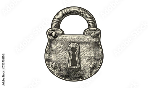 Vintage engraved padlock with keyhole design on white background