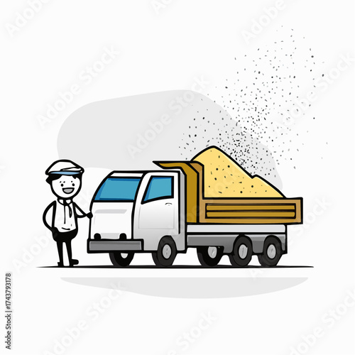A cartoon illustration of a man standing beside a white dump truck with a yellow bed filled with sand on a plain background.