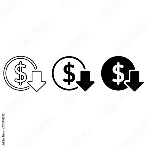 Three black and white financial icons representing decreasing value or cost reduction