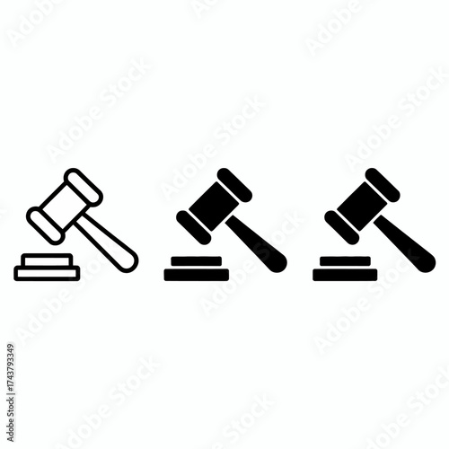 Set of three gavel icons minimalist design representing justice law and authority