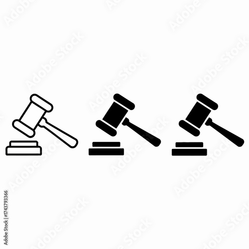 Three minimalist gavel icons representing justice law auction and legal decisions