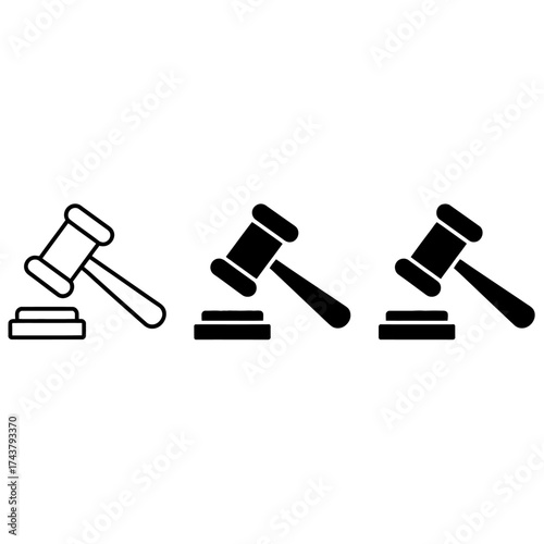 Minimalist set of three judge gavel icons representing justice law and authority