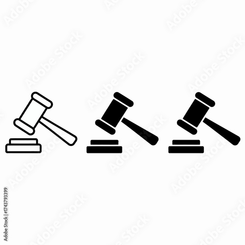 Three minimalist gavel icons representing justice law and legal proceedings