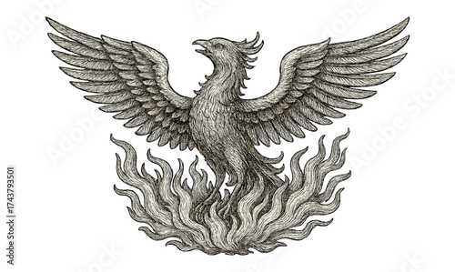 Intricate phoenix drawing with flames in mythical artistic design