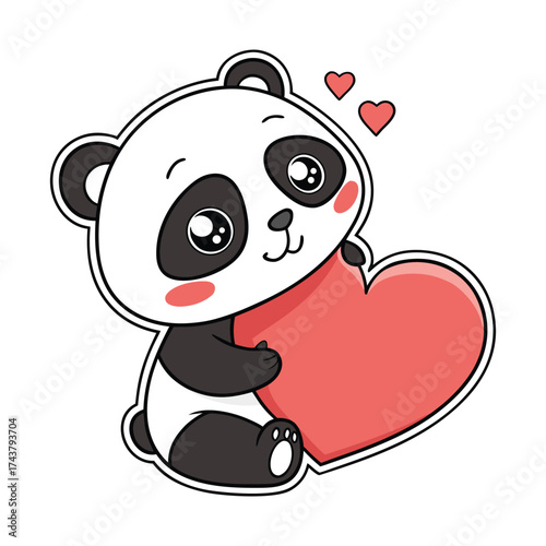 Kawaii Panda Sticker Holding a Big Red Heart Illustration