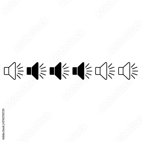 Horizontal line of six speaker icons emitting sound waves in black and white