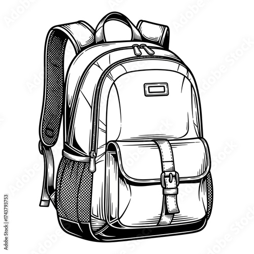 Backpack Illustration – Detailed Black and White Vector Drawing of Travel and School Bag with Front Pocket and Straps