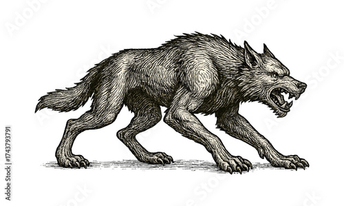 Intricate hand drawn werewolf in aggressive stance on white background