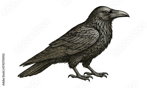 Detailed drawing of a crow in vintage style with intricate feathers and realistic detailing