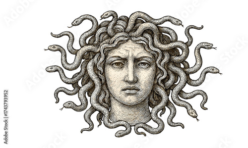 Medusa mythological creature with serpentine hair in detailed pen style
