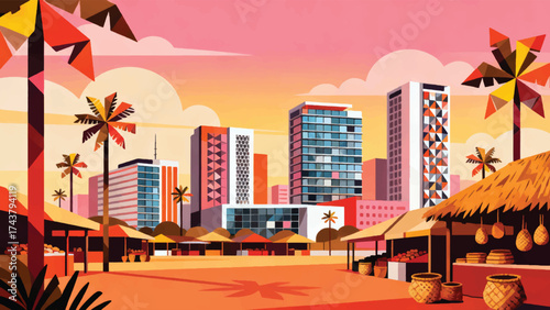 Illustration Of A Modern High Rise Building And A Traditional Market In A Tropical Afternoon Atmosphere Vector Design Template