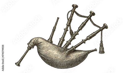 Detailed hand drawn bagpipe illustration of traditional musical instrument in vintage style