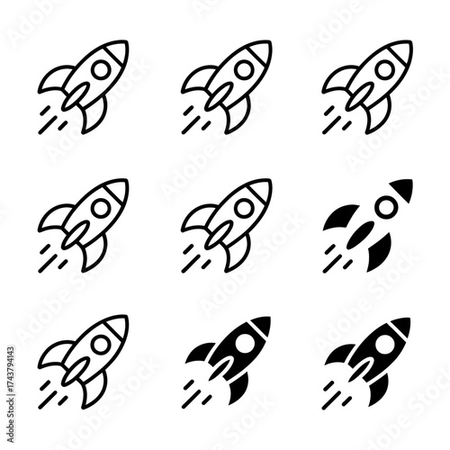 Set of six minimalist rocket ship icons representing space exploration and futuristic travel