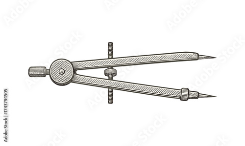 Vintage technical drawing compass tool in detailed hand drawn style